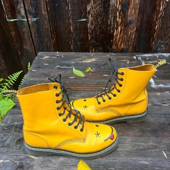 Dr. Martens Yellow Combat Boots with Smiley Face - Picture 4 of 8